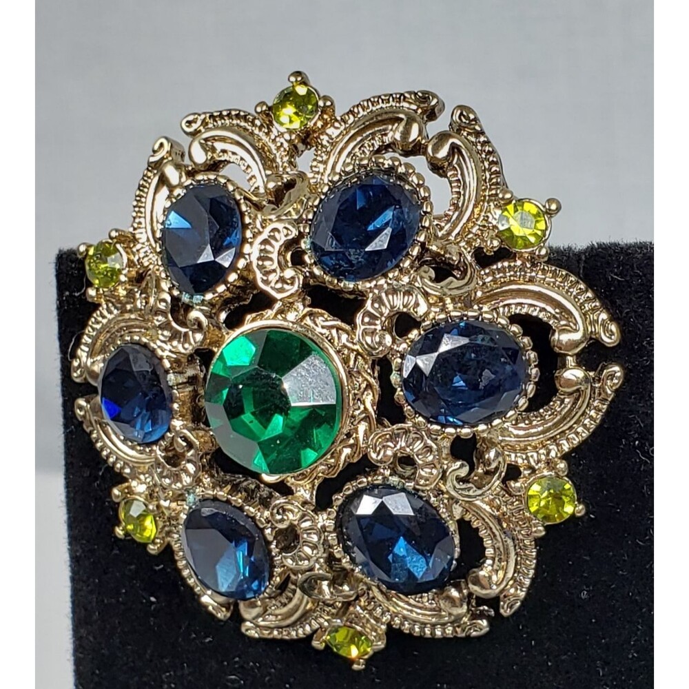 VTG Seqin Brand Dome Brooch Faceted Rhinestones Green Blue Gold Tone Open Work - Picture 7 of 16